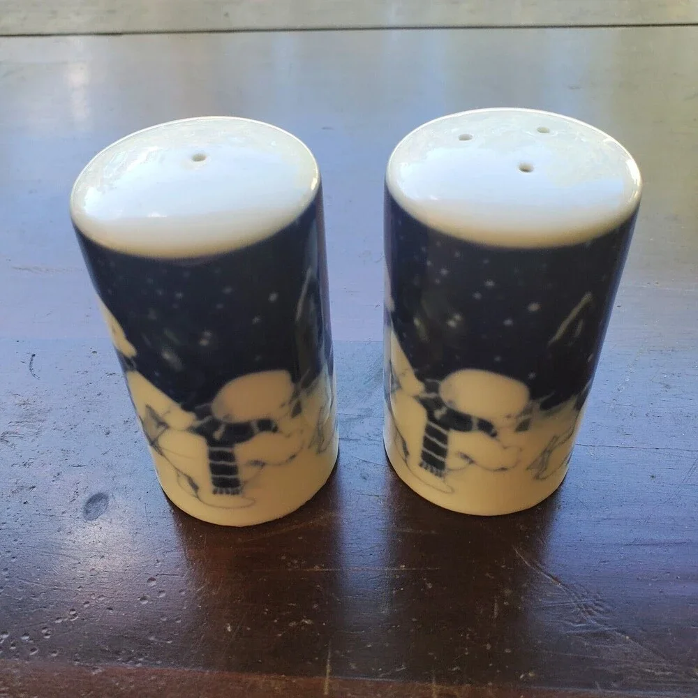 Salt And Pepper Shakers Ceramic Christmas Scene Snowman Ice Skating Blue White